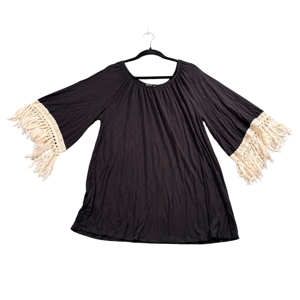 Boutique Boho Fringe Bell Sleeve Top Black‎ Festival Western Coquette Women's L